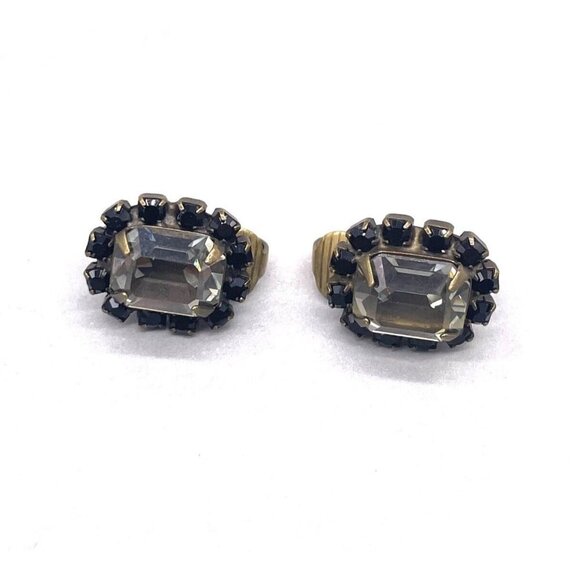 Liz Palacios Faceted Clear and Black Crystal Clip on Earrings - Picture 1 of 3
